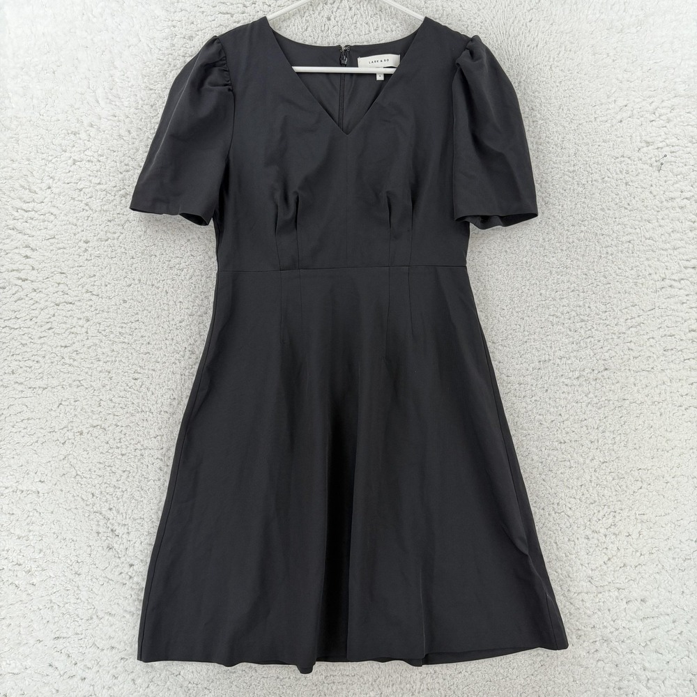 Lark & Ro Dress Womens 6 Black V Neck Puff Sleeve Fit & Flare Mini Workwear